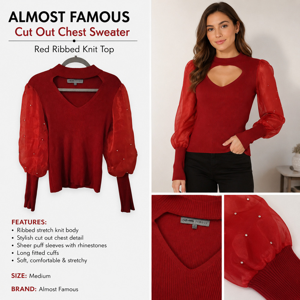 Almost Famous Sweater Womens M Red Cutout Sheer Puff Sleeve Rhinestone Top